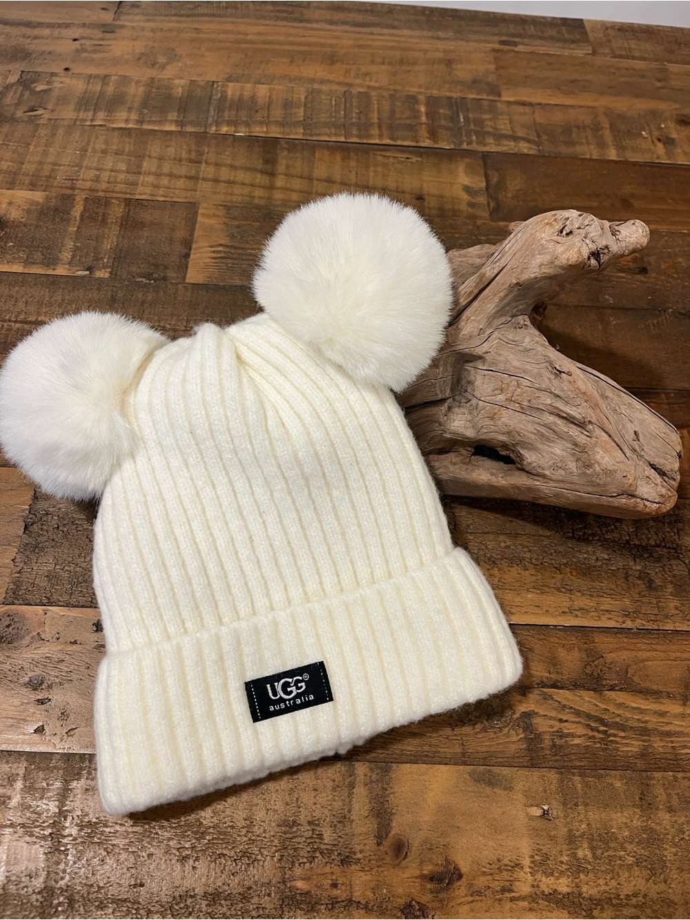 Authentic UGG Cream Double Pom Ribbed Beanie ~ Women’s OS
